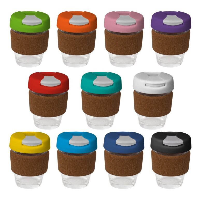 Personalise 8oz/235ml Glass Karma Kup Cork Band Plastic Flip Lid - Custom Eco Friendly Gifts Online