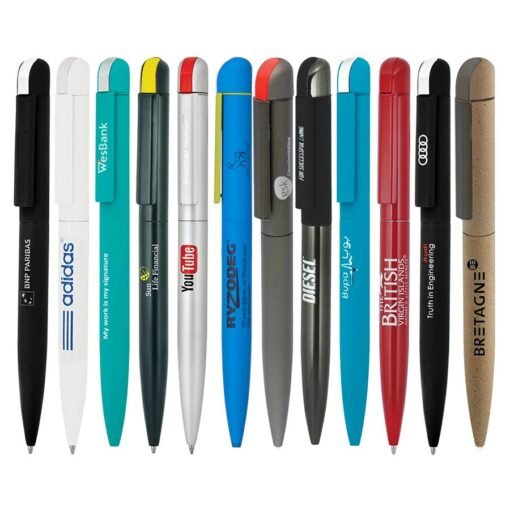Assorted branded pens with company logos