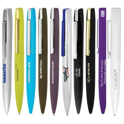 Assorted branded pens in various colors aligned horizontally
