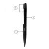 Black branded pen with visible components labelled
