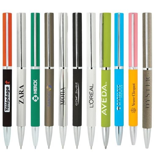 Assorted branded promotional pens in various colors