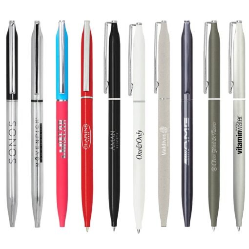 Assorted branded pens in various colours and designs