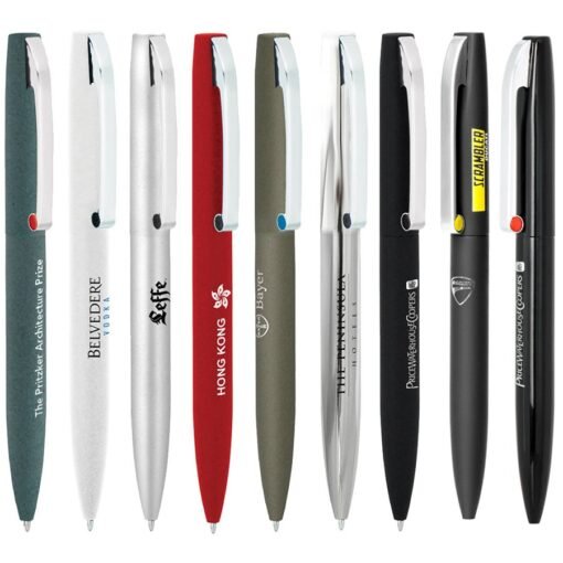 Assorted branded pens lined up on white background