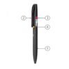 Black branded pen with labelled features