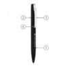 Labeled black ballpoint pen with metallic clip and accents