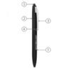 Labeled black stylus pen with design features
