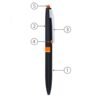 Labelled diagram of a modern black and orange pen