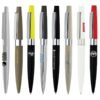 Assorted branded pens arranged in a row