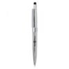 Silver stylus pen with black accents and logo