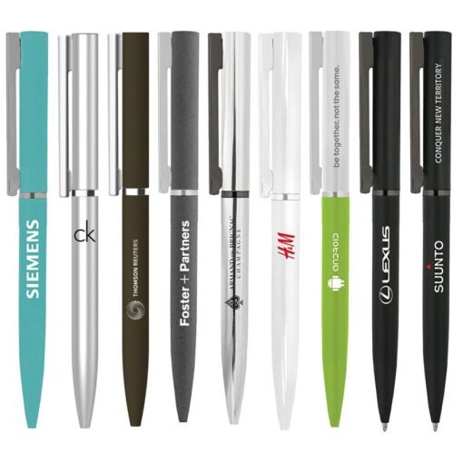 Collection of branded pens with company logos