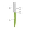 Green and silver pen with labelled parts