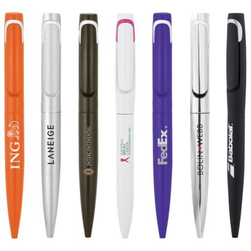 Collection of branded pens with various logos