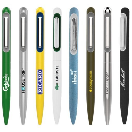 Branded ballpoint pens collection with company logos