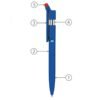 Blue ballpoint pen with labeled parts and logo