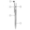 Labelled silver Coach stylus pen with features annotated