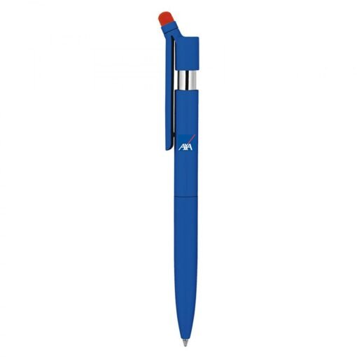 Blue branded ballpoint pen with red button