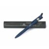 Blue pen with rubber tip beside black case