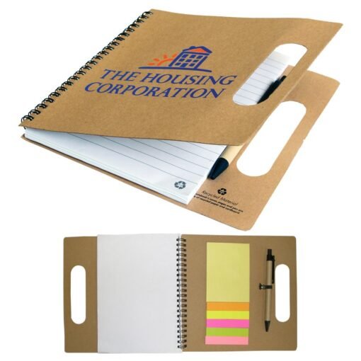 Branded corporate spiral notebook with sticky notes and pen.