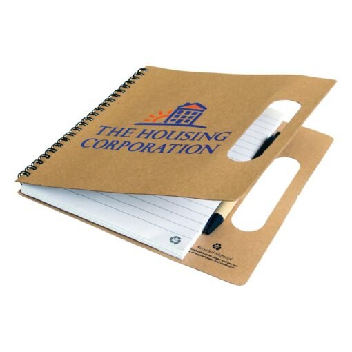 Branded spiral notebook with pen and logo
