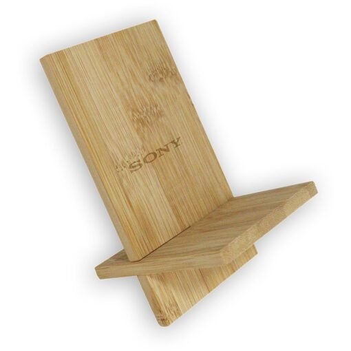 Sony branded bamboo wooden stand on white background