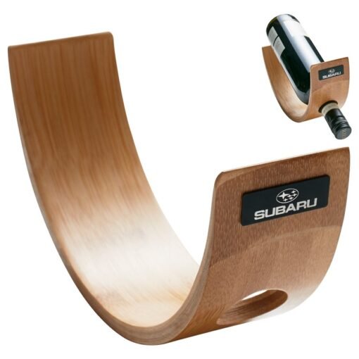 Subaru-branded wooden wine bottle holder in curved design