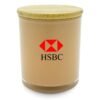 HSBC logo on beige cylindrical container with wood lid